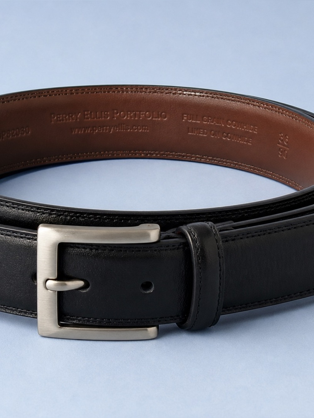 PERRY ELLIS PORTFOLIO Full Grain Leather Belt Brushed Silver Buckle Black‎ 36”